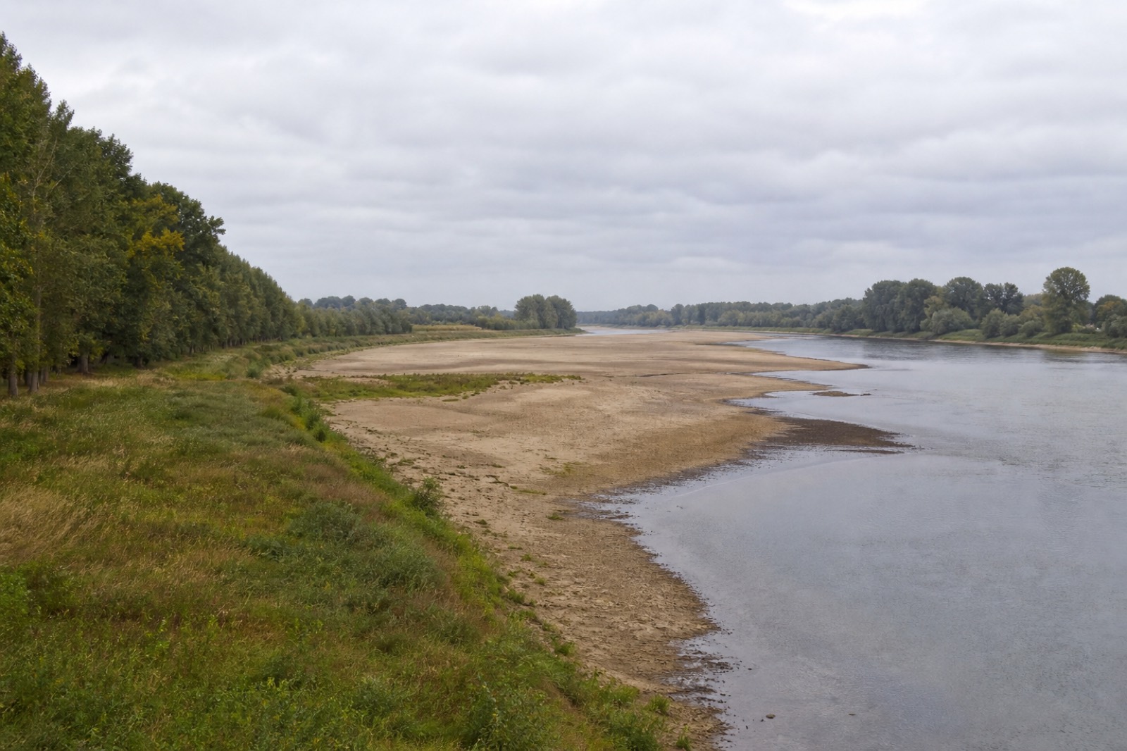La Loire à l’étiage, berges élargies par le manque d’eau.